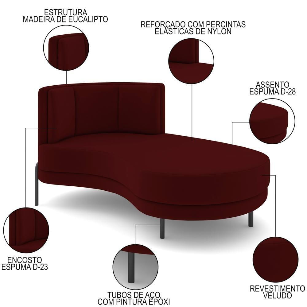 Miniatura Chaise Longue Divã 164cm Braço Esquerdo Logus D06 Veludo Vermelho - Mpozenato