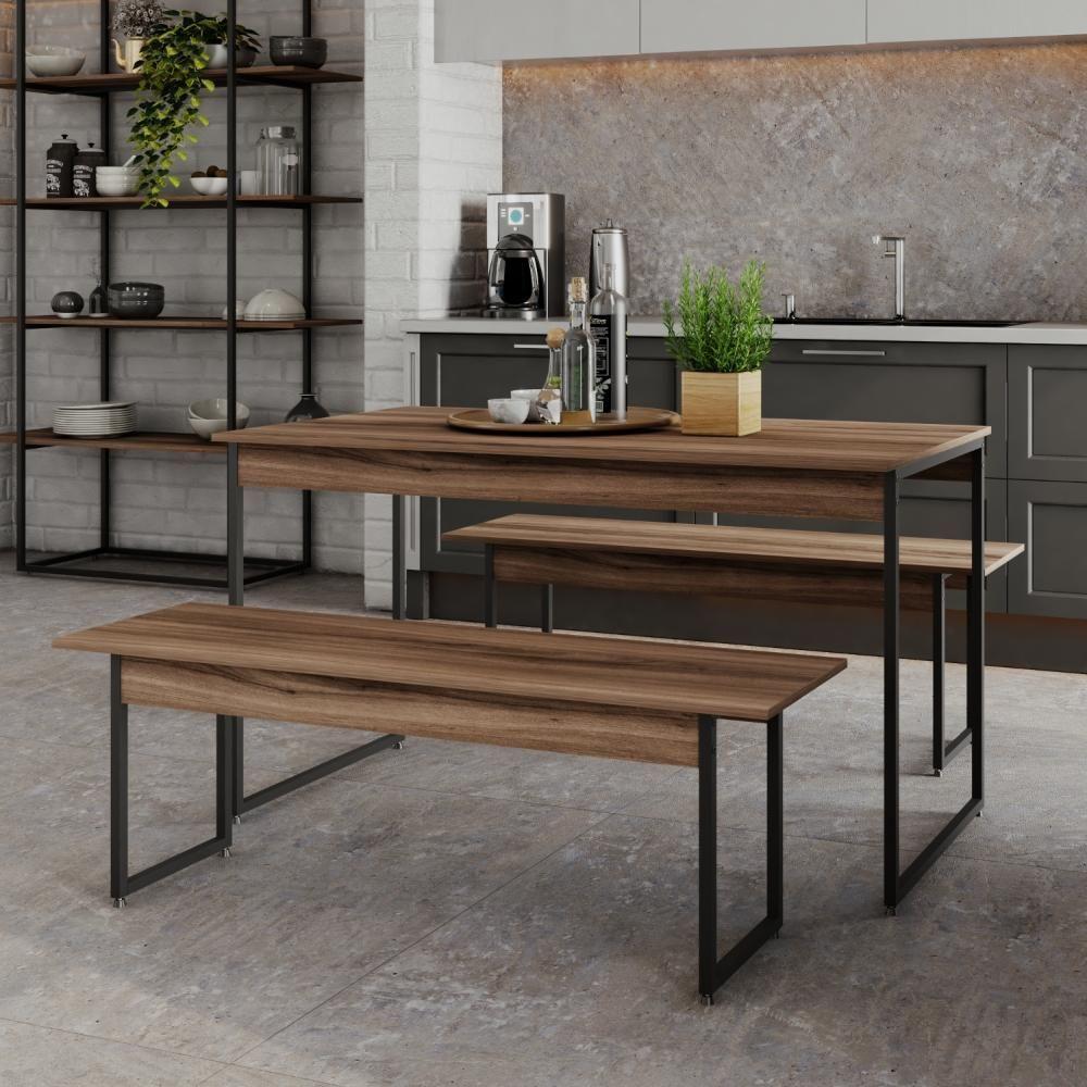 Miniatura Mesa De Jantar Com 2 Bancos Estilo Industrial Tub Nogal / Est.preta