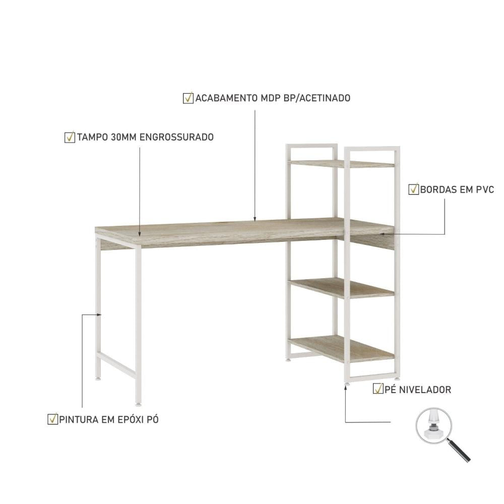 Miniatura Escrivaninha com Estante 3 Prateleiras Estilo Industrial 135cm Active Yescasa Snow / Est.Branca
