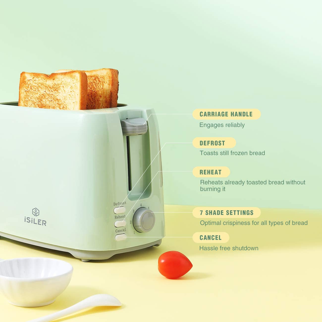 iSiLER 2 Slice Toaster 13 Inches Wide Slot Toaster with 7 Shade Settings and Double Side Baking Compact Bread Toaster with Removable Crumb TrayDefrost Reheat Cancel Function Green