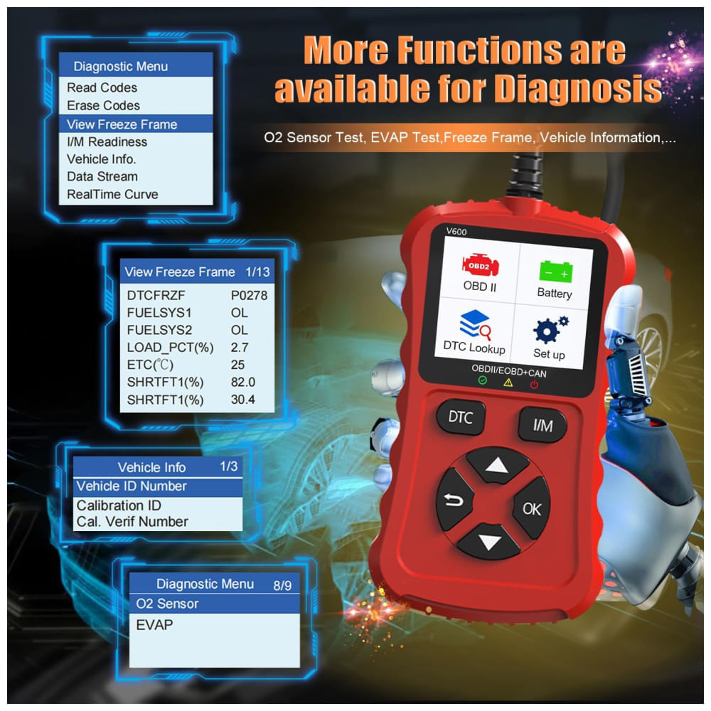 Scanner OBD2 Xiauodo V600 Plug and Play para Carros: Leia e Limpe Códigos de Erro, Monitore Tensão
