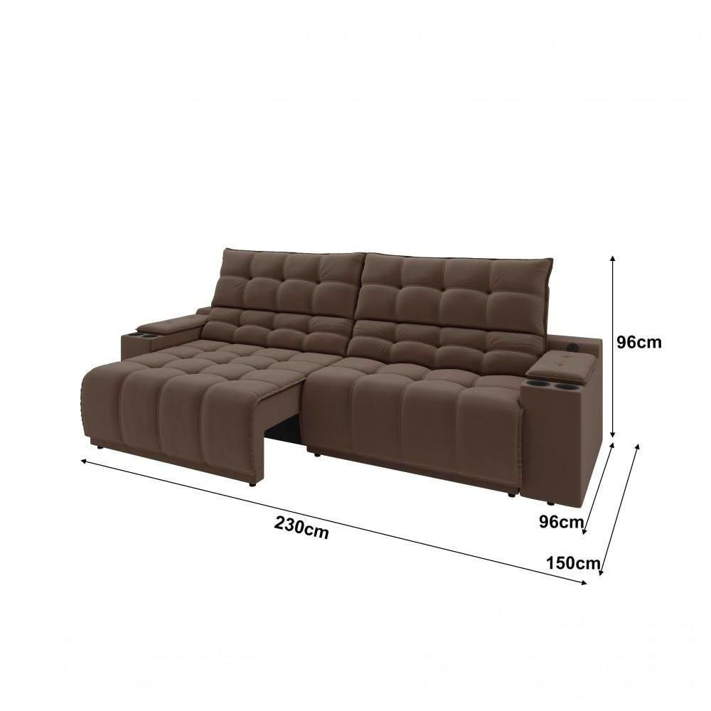 Sofá Connect Premium 2,30m Assento Retrátil-reclinável Com Porta Copos E Entrada Usb Suede Marrom