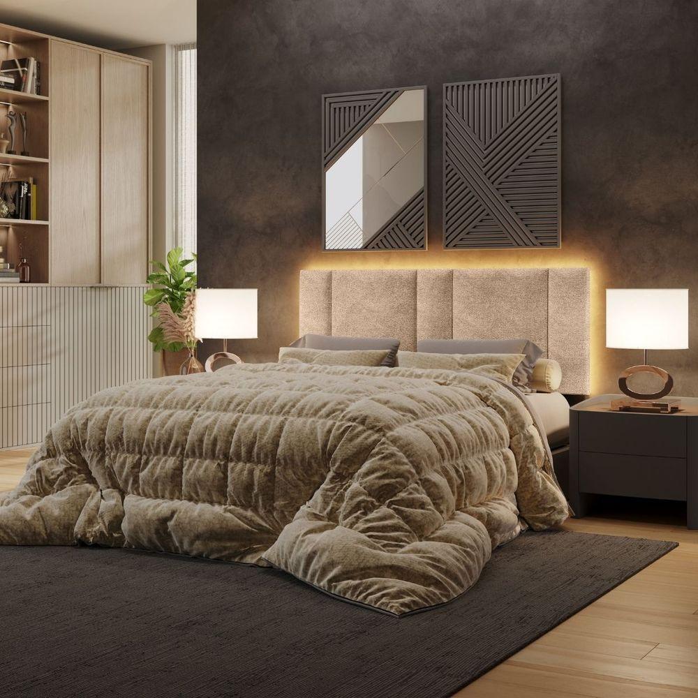 Cabeceira Estofada Iluminação Led Stella Cama Queen Size 160cm Buclé Bege