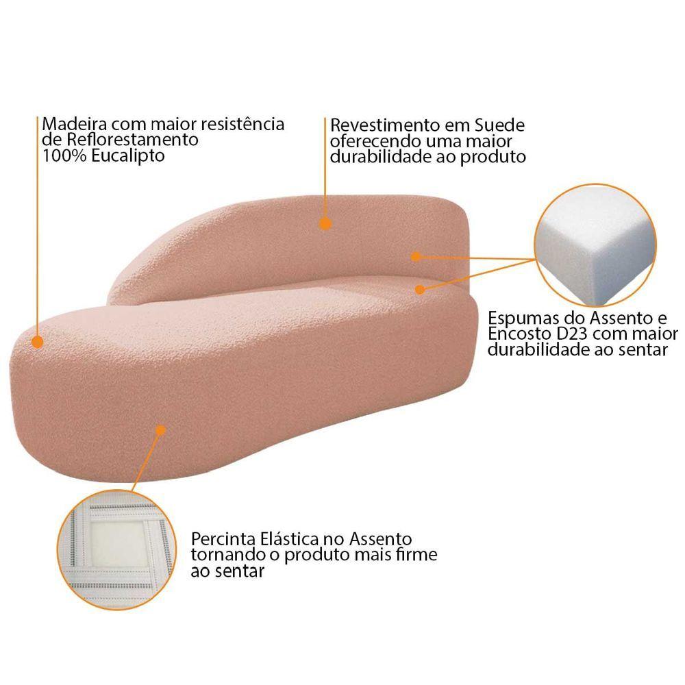 Kit Divã Luna 185cm Lado Esquerdo E 02 Poltronas Base De Ferro Dourado Suede Rosê