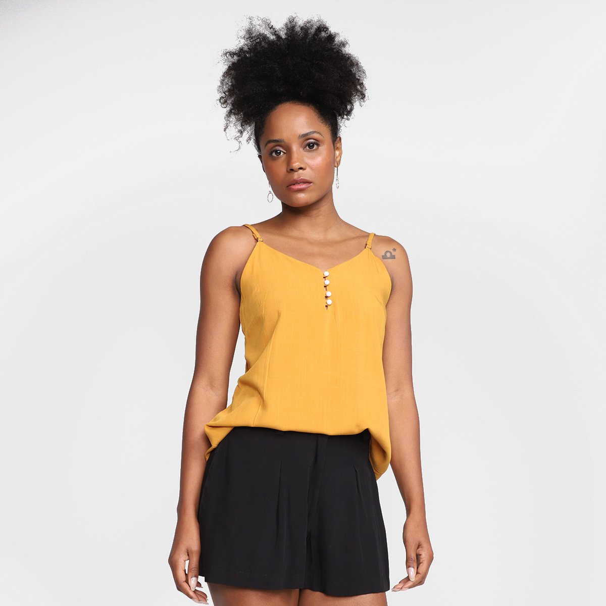 Miniatura Regata Road Mel Botões Alça Fina Feminina Mostarda - G