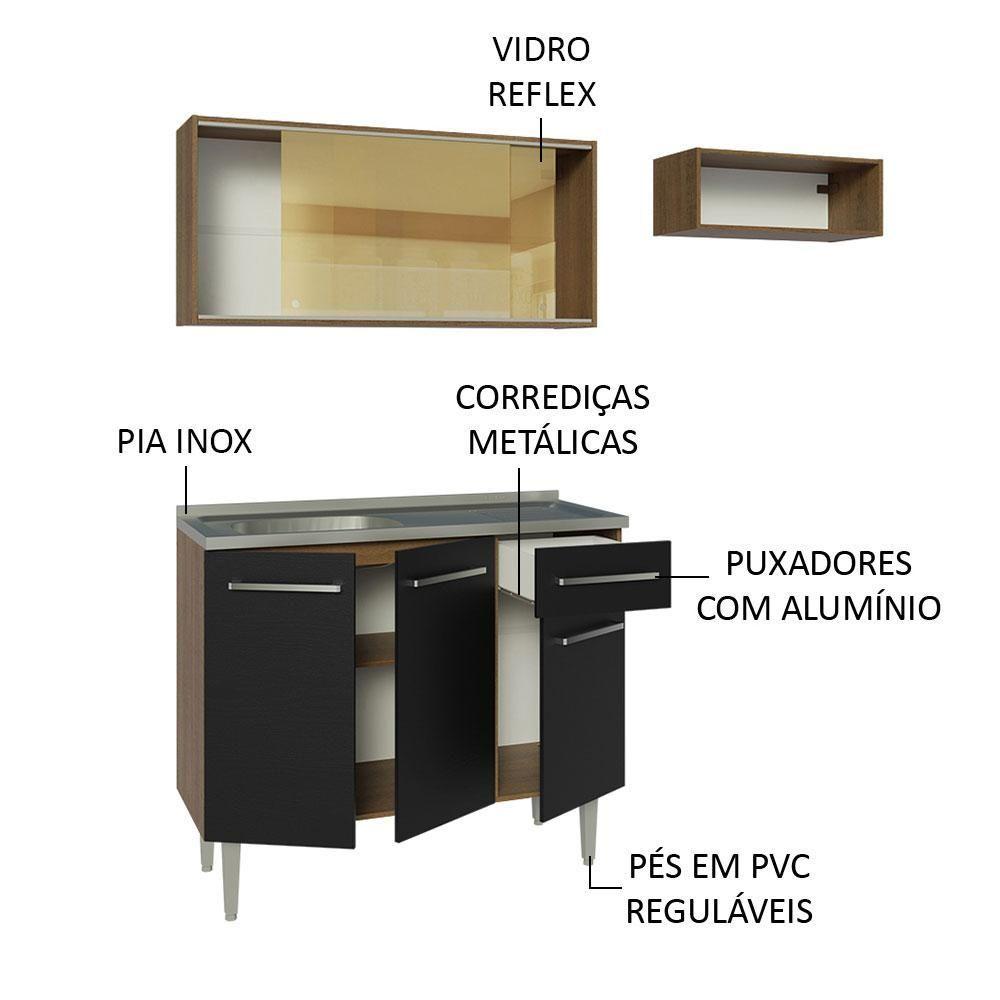 Armário De Cozinha Compacta 165cm Com Pia Rustic/preto Emilly Madesa 06 Rustic/preto
