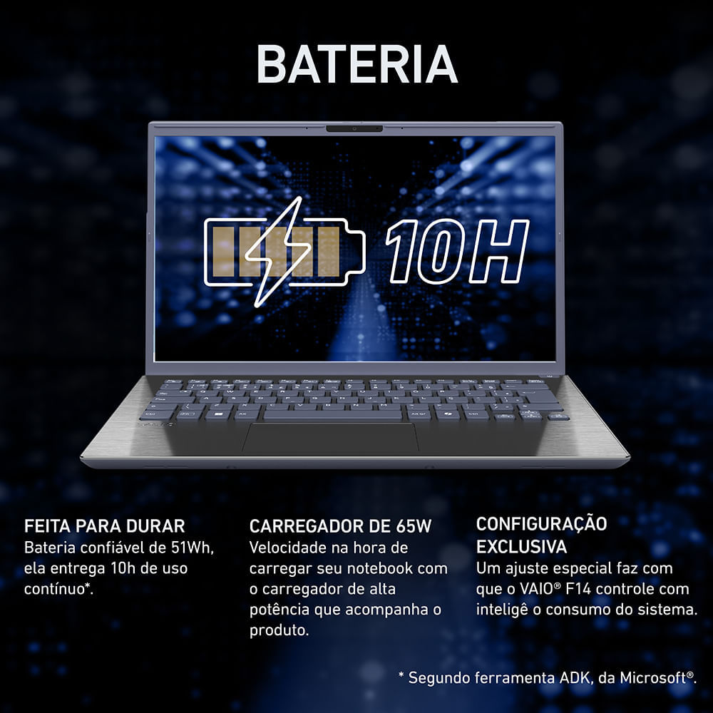 Notebook VAIO® F14 Intel® Core i5-1334U Windows 11 Home 16GB RAM 512GB SSD 14'' Full HD IPS com Fingerprint Cinza Escuro
