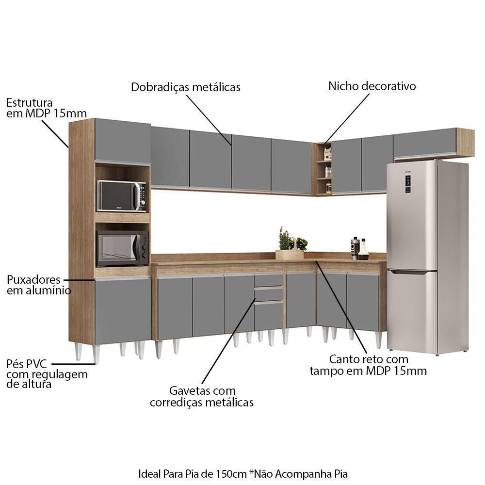 Armário De Cozinha Modulada De Canto 8 Peças Cp08 Balcão Com Tampo Castanho/cinza - Lumil