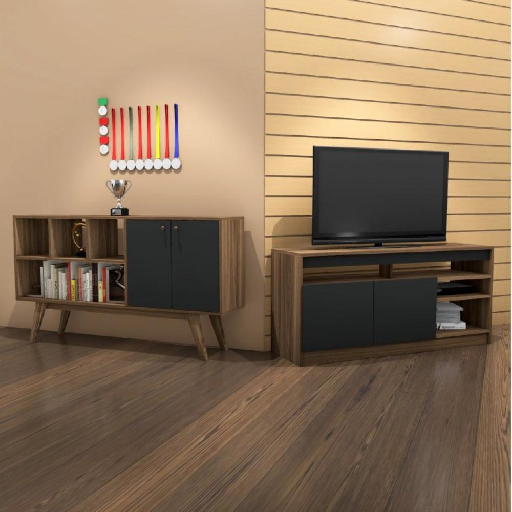Miniatura Conjunto Rack para TV até 48 Polegadas 2 Portas e Aparador  2 Portas 3 Prateleiras Mônaco  Estilare Preto/Madeirado