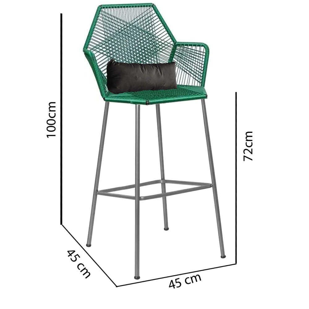 Miniatura Banqueta Alta Com Encosto Ferro Prata Fibra Verde Almofada Cinza