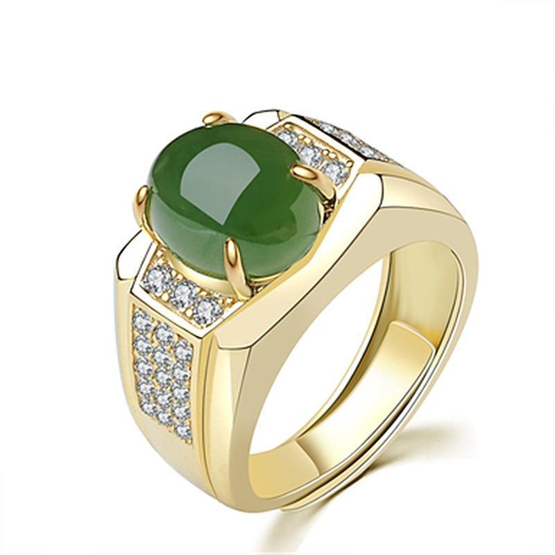 Miniatura Anel Banhado A Ouro Pedra Jade E Zircônias Fusion Ajustável