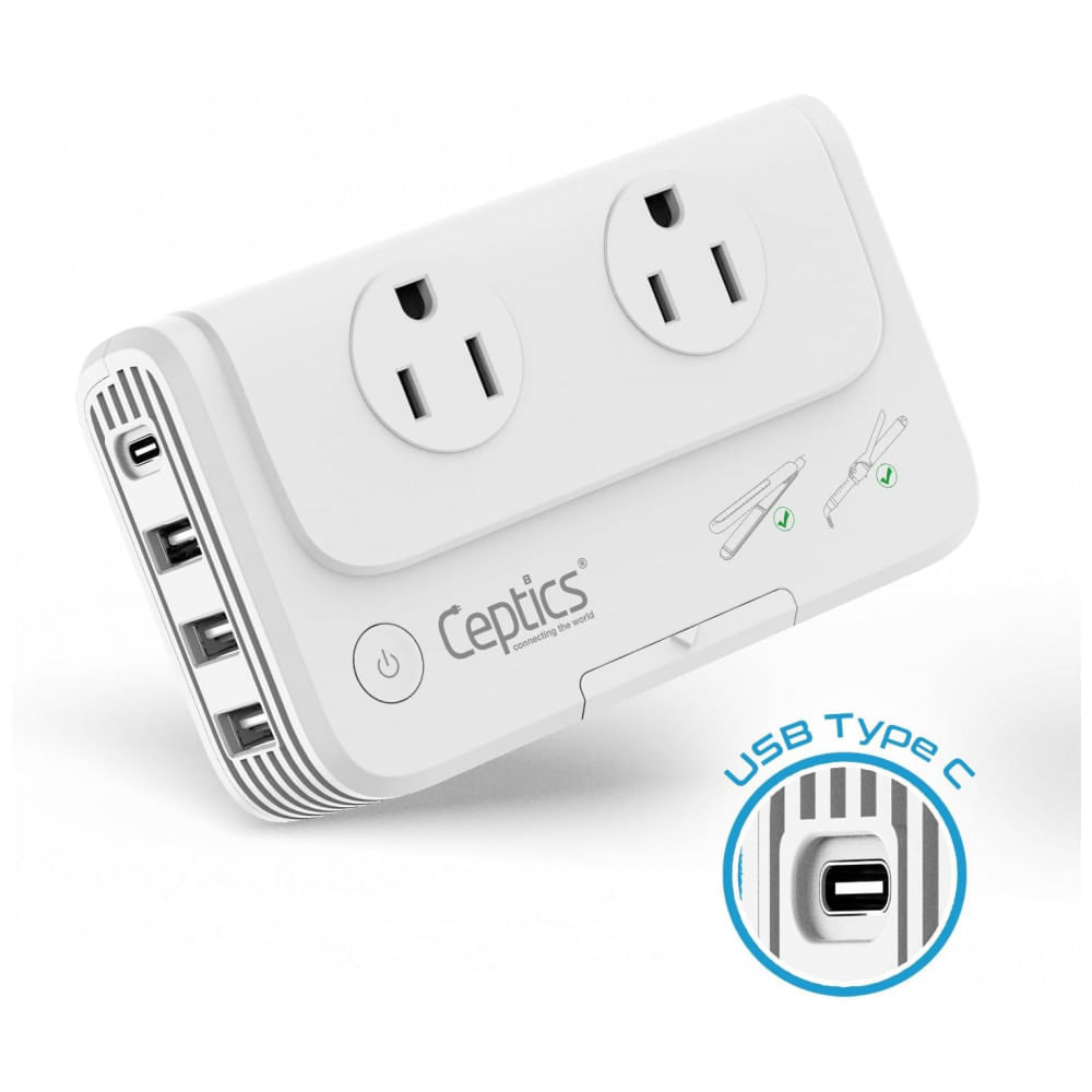 Miniatura Transformador de Tensão até 200W Converte 220V Para 110V com 4 Portas USB, Ceptics, Branco