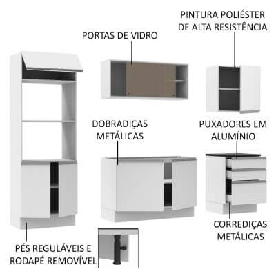 Miniatura Cozinha Completa Madesa 100% MDF Acordes Glamy com Armário, Torre e Balcão (Sem Tampo e Pia) Branco Cor:Branco