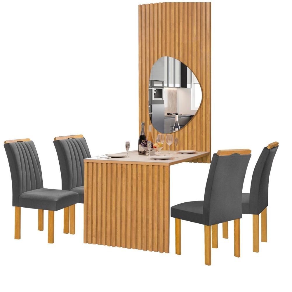 Conjunto Mesa Bella Ripada 120cm com Painel Espelhado Tampo Bella com Vidro 4 Cadeiras Arizona Cinamomo/Off White/Boucle Cinza