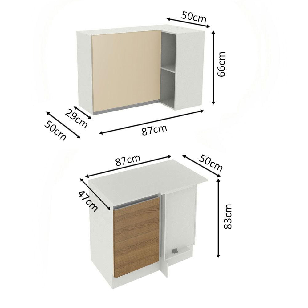 Kit Armário de Cozinha de Canto Reto 2 Portas e Nicho com Tampo 100% MDF Branco/Rustic/Crema Smart Madesa Branco