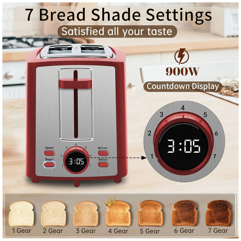 Miniatura Torradeira Elétrica 2 Fatias 7 Níveis de Tostagem, Display LCD, 110V 900W, SEEDEEM, Vermelha