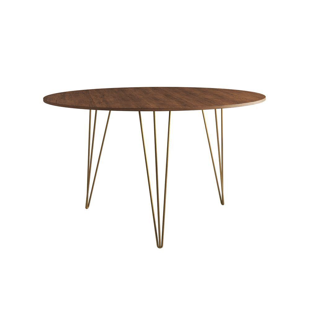Miniatura Mesa De Jantar Redonda 110Cm Amêndoa Clips 3 Pés Base Dourado