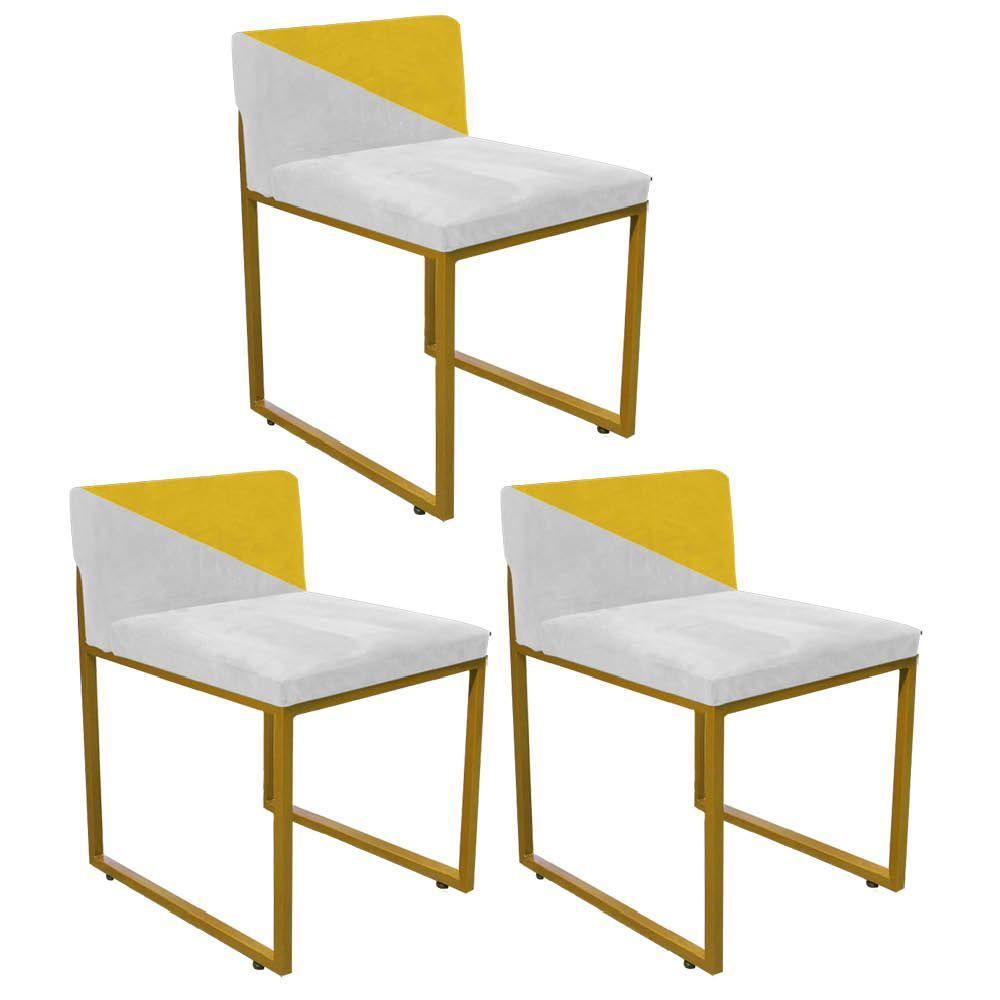 Miniatura Kit 03 Cadeira Lee Duo Sala De Jantar Ferro Dourado Sintético Branco E Amarelo - Amey Decor