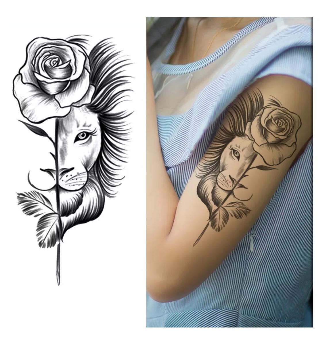 Miniatura Tatuagem Temporária Rosa E Leão Braço Modelo 18X10Cm