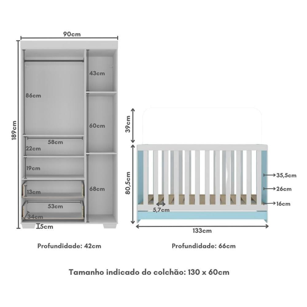 Miniatura Quarto Infantil Com Berço 3 Em 1 E Guarda-roupas Algodão Doce Multimóveis Mp4247 Branco/azul