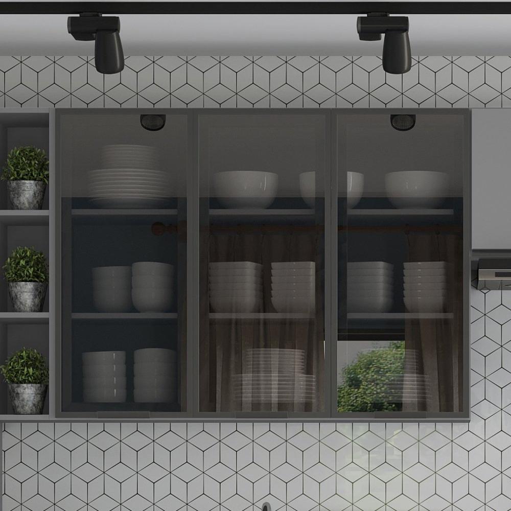 Miniatura Armário Aéreo para Cozinha 120cm 3 Portas com Vidro Ketlin Henn Cinza