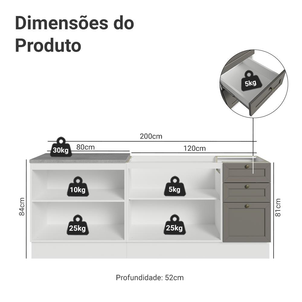 Miniatura Kit com 2 Balcões de Cozinha 3 Gavetas 4 Portas (Sem Tampo e Pia) Branco/Cinza Vik Madesa 01 Branco/Cinza