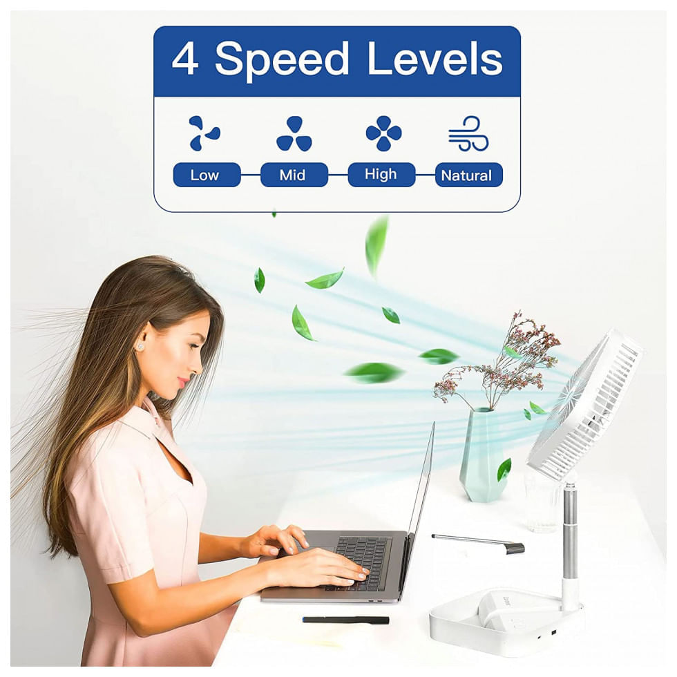 Miniatura Ventilador de Mesa Portátil Comix com Altura Ajustável, Controle Remoto e Bateria Recarregável, Branco