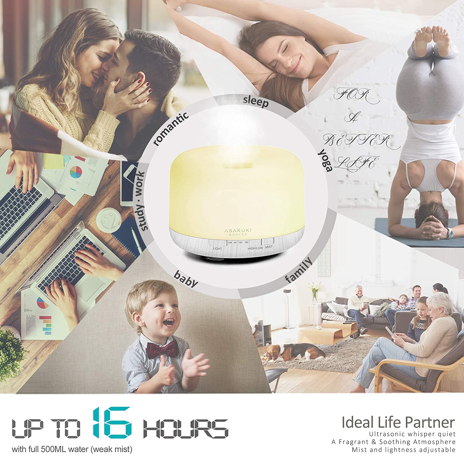 Miniatura ASAKUKI Umidificador Ultrassônico Portátil 05L com A romaterapia e 7 Luzes LED até 3H Área 27m2 110V Branco