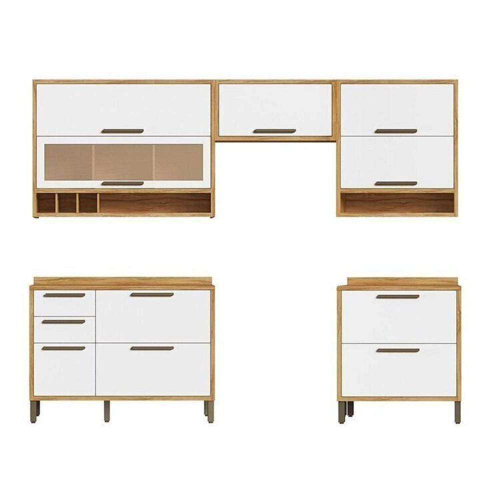 Miniatura Cozinha Modulada Completa 5 Peças 8 Portas e Vidro Reflecta 280cm 100% Mdf Vicenza Espresso Móveis Amêndoa/Branco
