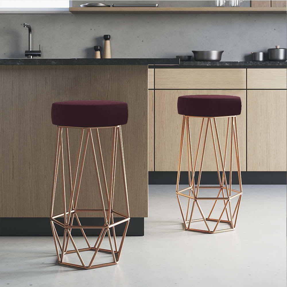 Miniatura Banqueta Com Encosto Mhara Cozinha Bar Ferro Bronze Suede Bordô - Ahazzo Móveis