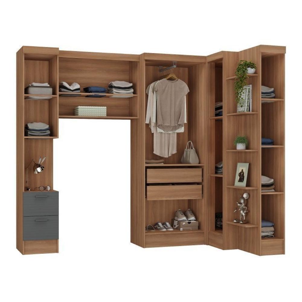 Guardo Roupa Modulado 7 Portas 4 Gavetas 5 Peças Hecol Móveis Nogal/Grafite