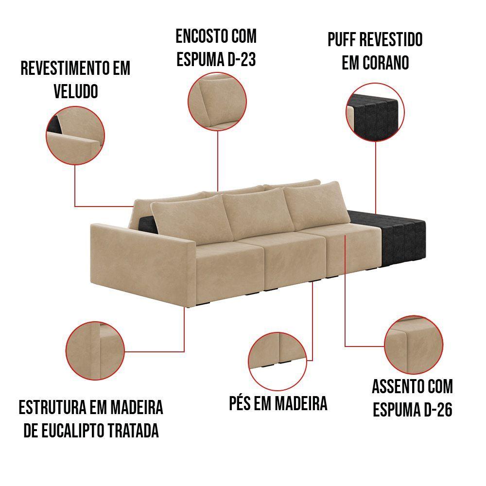 Sofá Ilha 3 Lugares Living 372cm Modulado Lary Veludo Pu Pto K01 Cor Azul Marinho