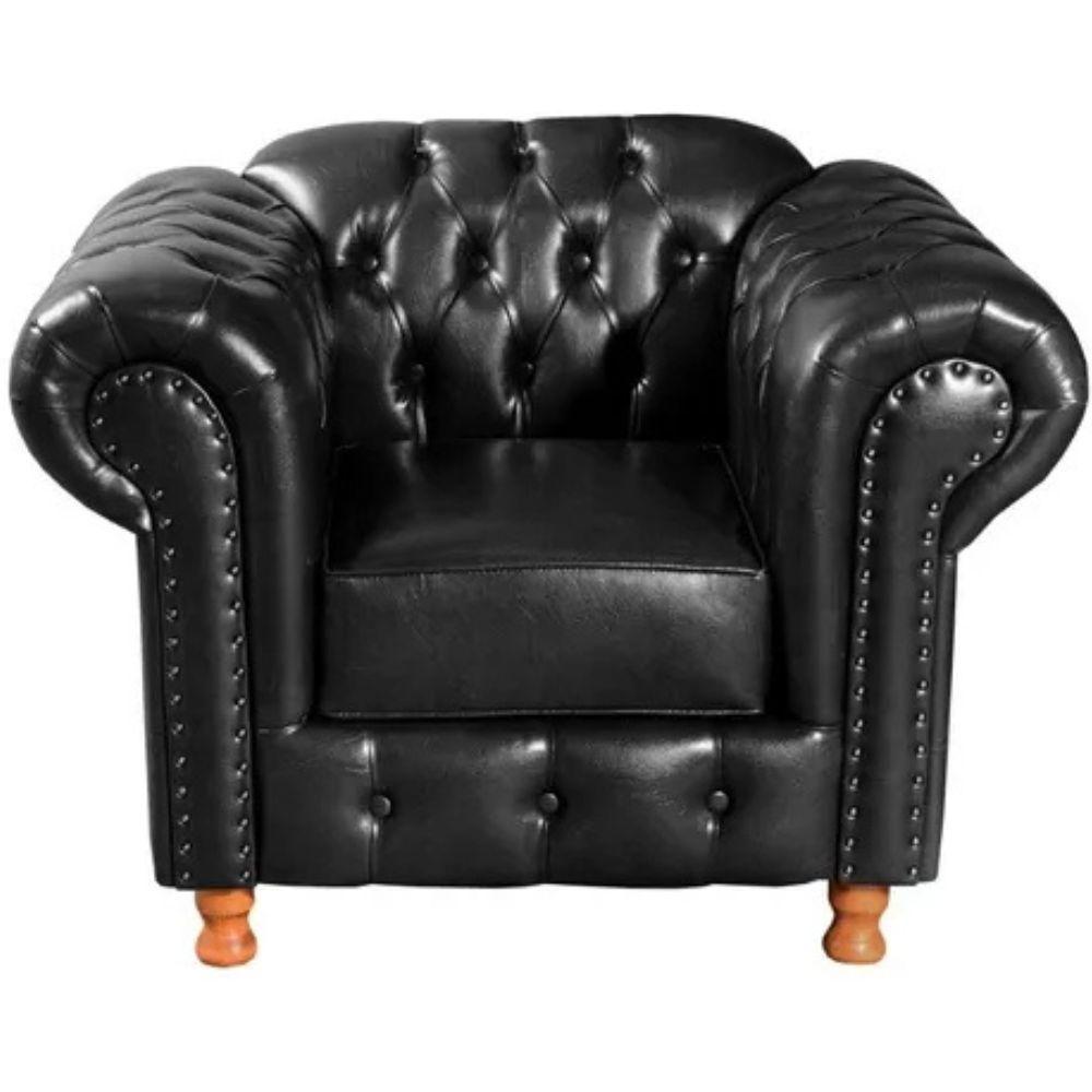 Miniatura Conjunto Sofá 4 Lugares E Poltrona Chesterfield Luís Xv Vintage Retrô Capitonê Couro Preto