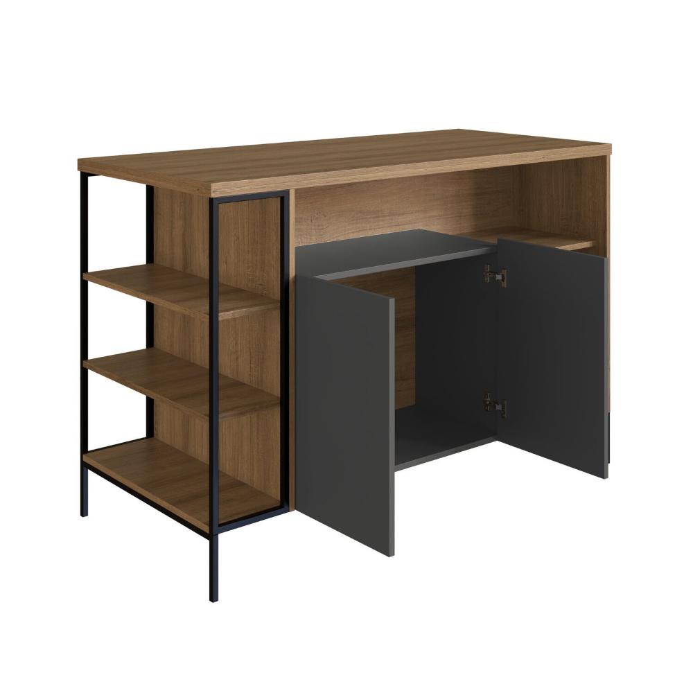 Mesa Bancada Gourmet Estilo Industrial 131cm com Armario 2 Portas Preto/Mel/ Grafite