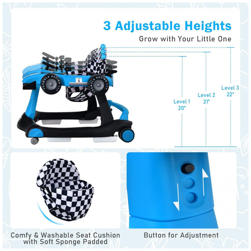 Miniatura Andador Infantil Interativo 4 em 1 com Sons, Luzes e Atividades, Baby Joy, Azul