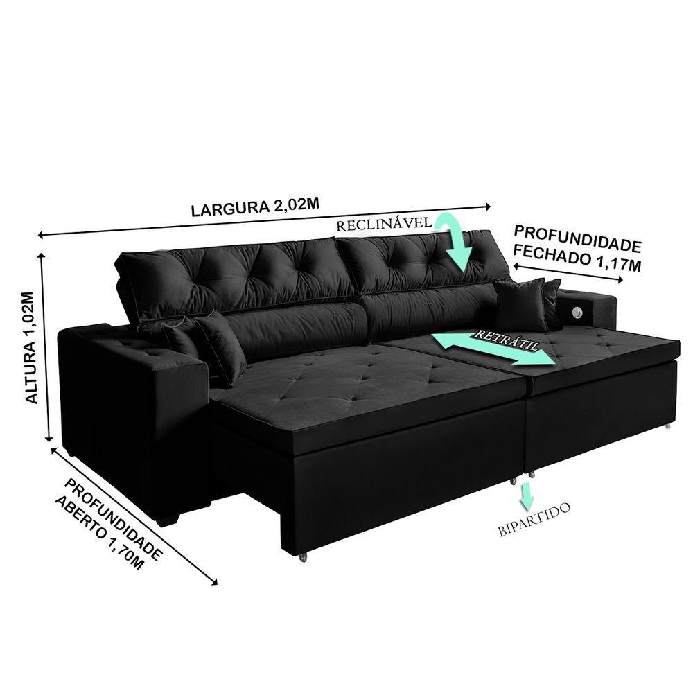 Miniatura Sofá 3 Lugares Preto Retrátil 2,02 M Tecnologia Usb