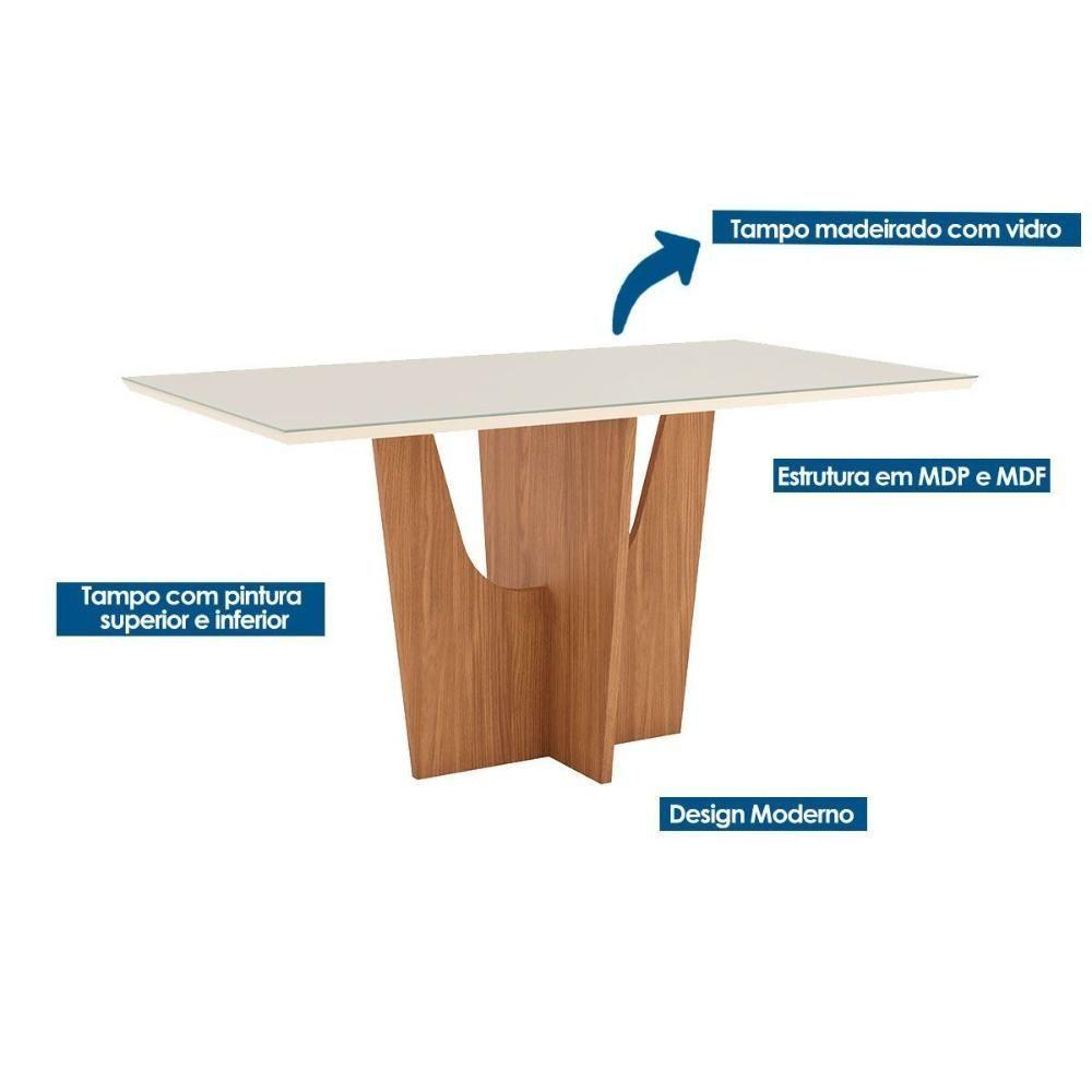 Miniatura Conjunto Mesa De Cozinha Vértice Tampo Madeirado Com Vidro 160x80cm E 6 Cadeiras Vita Nature Suede Light Bege Henn