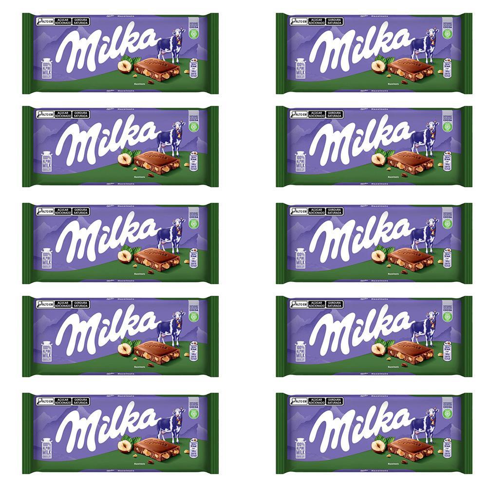 Miniatura Chocolate Milka Pedaços De Avelã Kit 10 Barras De 100G