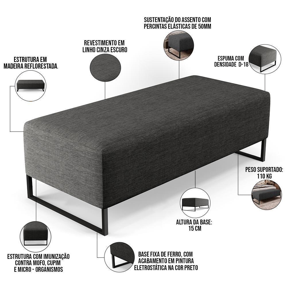 Miniatura Puff Decorativo Sala De Estar Bali W01 Base Ferro 120x50 Cm Linho Cinza Escuro - Lyam Decor