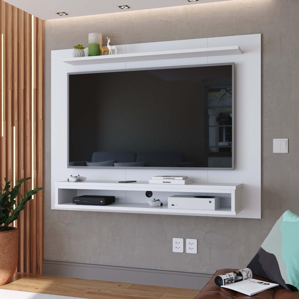 Painel Suspenso TV 48 Polegadas Nicho Nairobi Branco e Kit 2 Puff Banqueta Redonda Multiuso Pés Retrô Thor Bege Sala Quarto