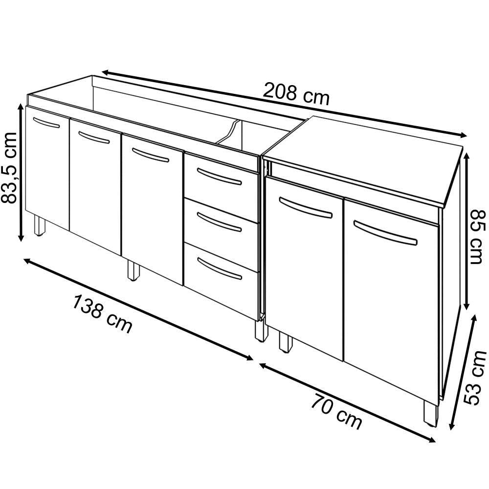 Miniatura Armário Cozinha Gabinete Pia De 140 Cm Carina Com Balcão Multiuso Micro-ondas Savana Frente Off-white Serena