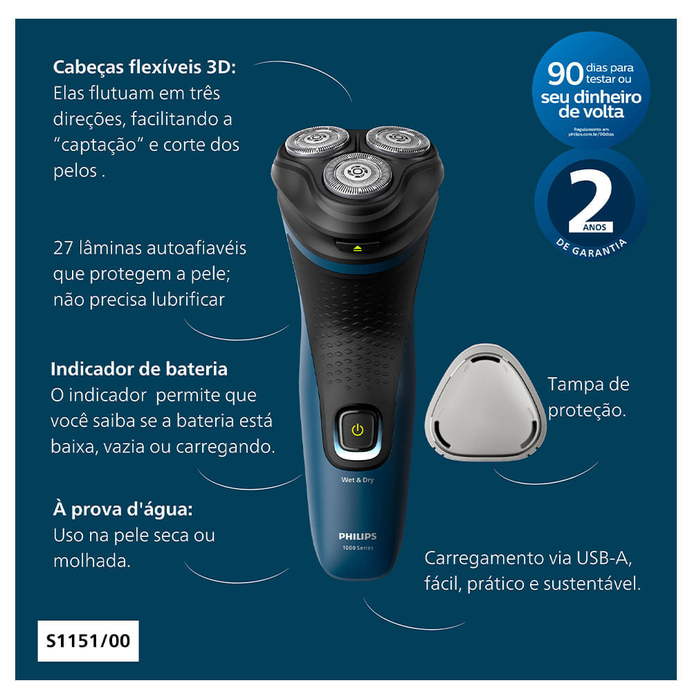 Miniatura Barbeador Elétrico Philips Auto Afiável, à Prova d´água - S1151/00 Bivolt