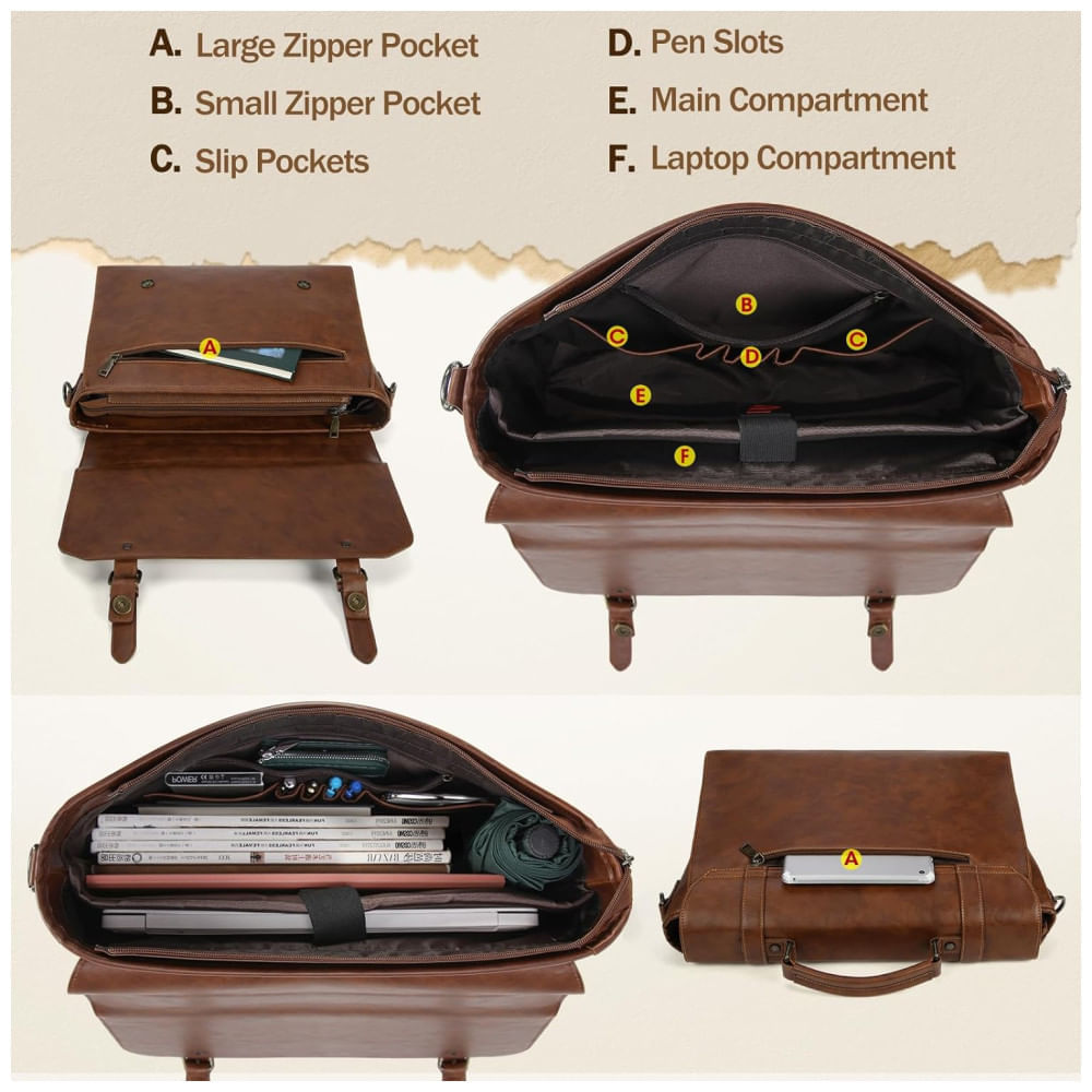 Miniatura Bolsa Carteiro Masculina de Couro Sintético para Laptop com 15,6 Polegadas, IGOLUMON, Marrom 110v