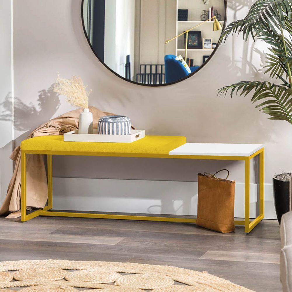 Miniatura Banco Recamier Puff 140cm Industrial Dourado Corino Amarelo Tampo Quadrado Mdf Branco