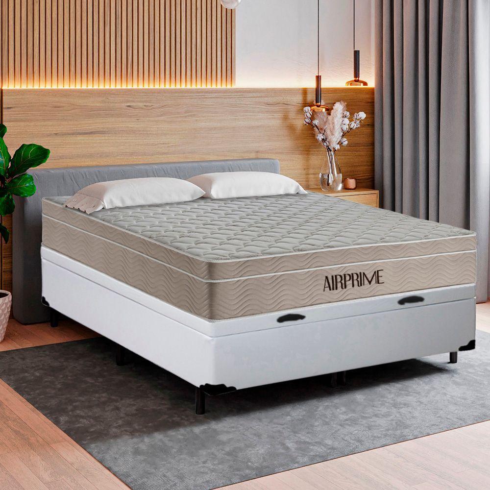 Miniatura Cama Box Baú Casal Sintético Cremil + Colchão Molas Ensacadas Airprime 138x188x65cm Branco
