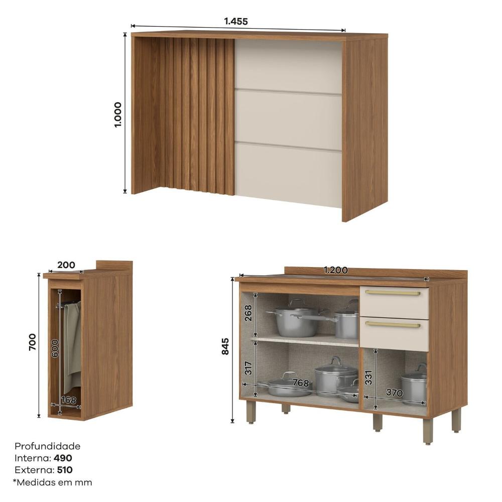 Miniatura Kit Ilha Gourmet Balcão 2 Gavetas com Tampo Yasmin Espresso Móveis Nature/Areia