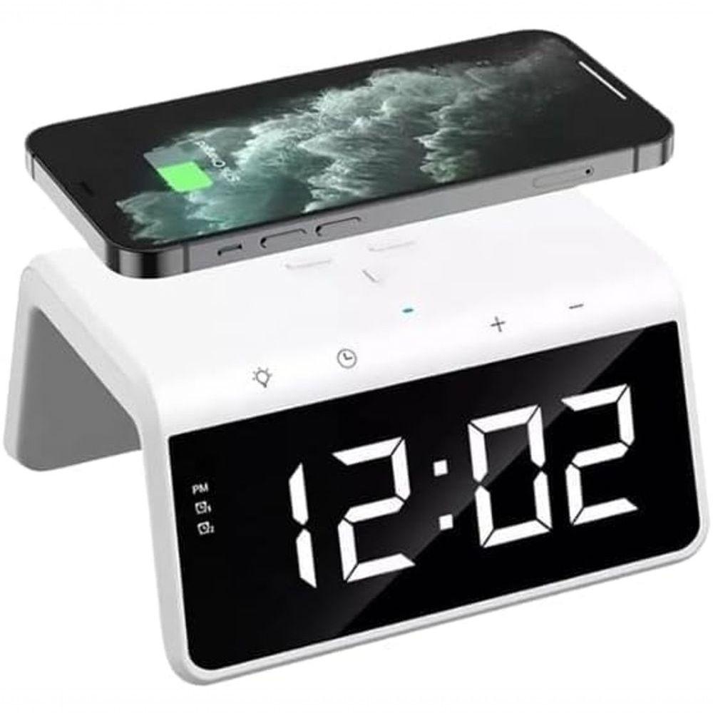 Miniatura Carregador Indução Relógio Digital Com Abajur Led Colorido Premium Branco