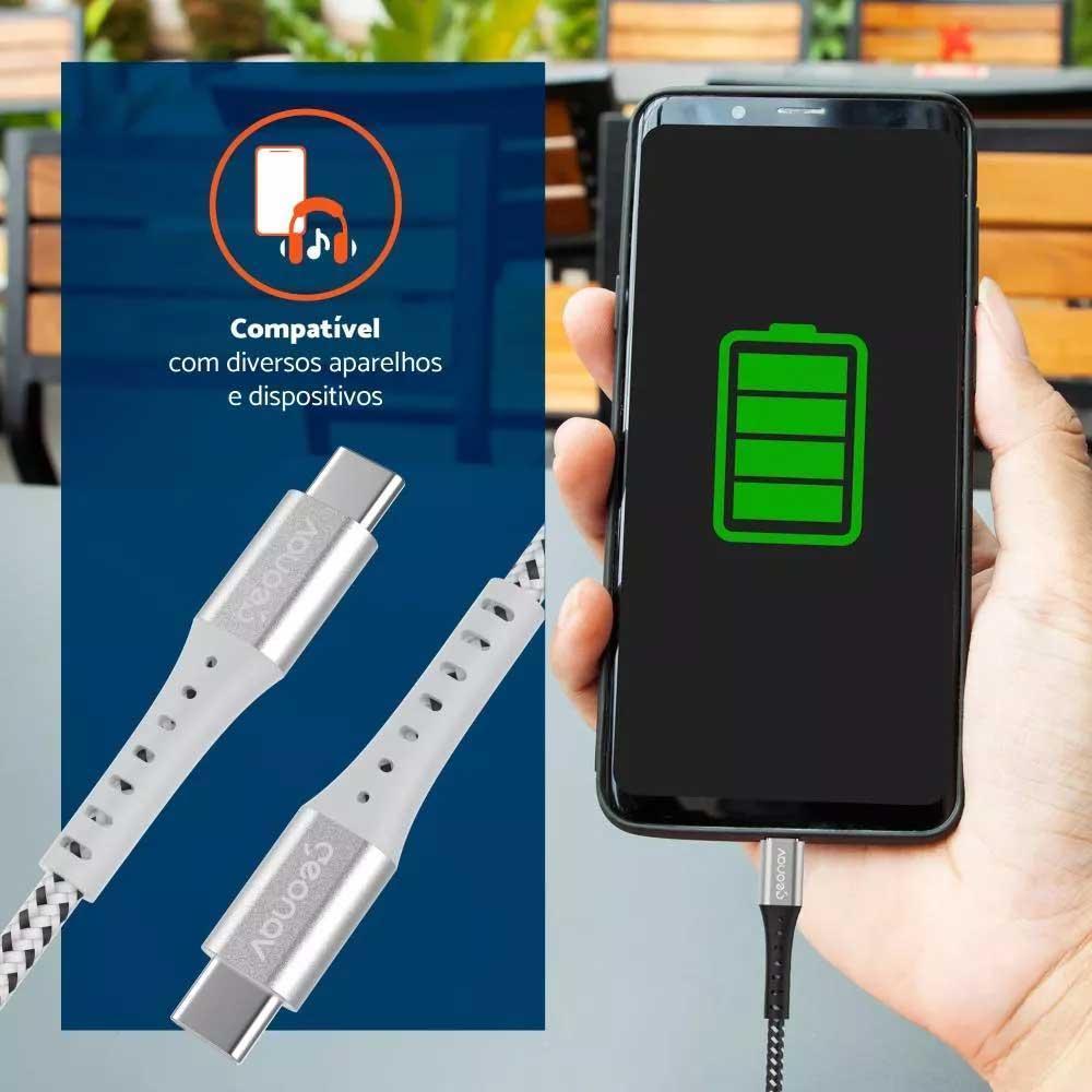 Miniatura Cabo USB-C Para USB-C Em Nylon Trançado Geonav 1,2m Branco