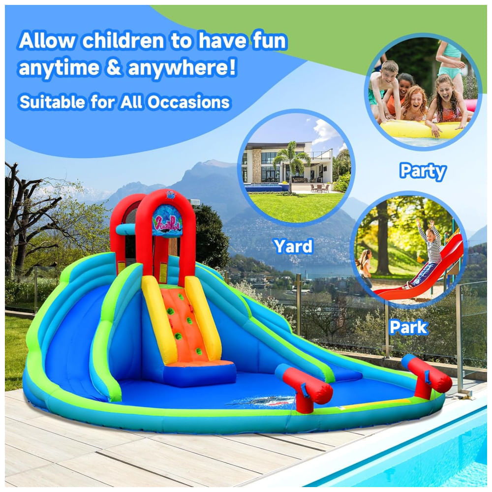 Miniatura Parque Aquático Inflável até 136 kg com 2 Escorregadores Longos, Piscina e Parede de Escalada, BOUNTECH, Colorido