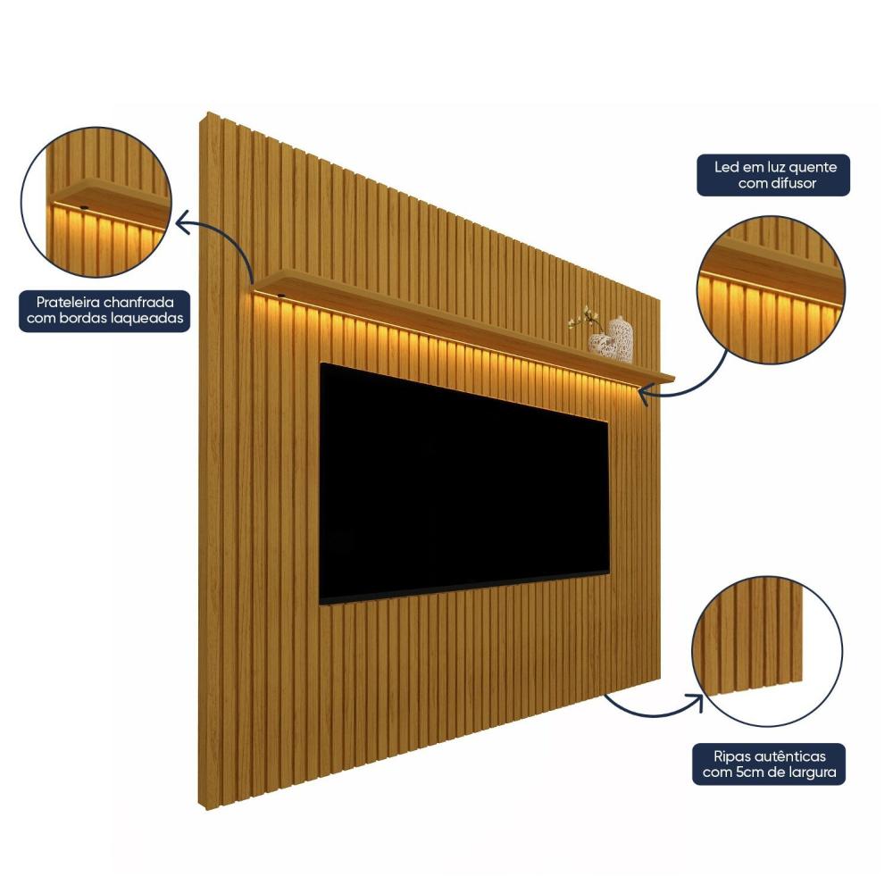 Miniatura Painel Ripado com Rack para TV até 75 Polegadas LED 3 Gavetas 2 Prateleiras com Rodízios 230cm Gelius Móveis Naturale